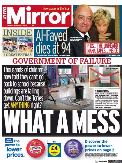 Daily Mirror (UK) Newspaper Front Page for 2 September 2023