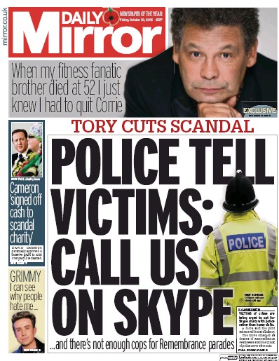 Daily Mirror Newspaper Front Page for 30 October 2015