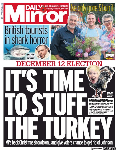 Daily Mirror (UK) Newspaper Front Page for 30 October 2019