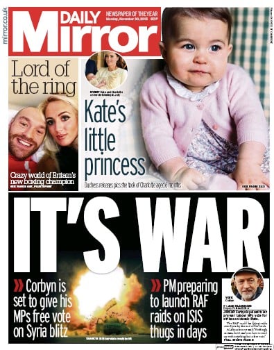 Daily Mirror Newspaper Front Page for 30 November 2015