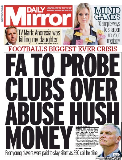 Daily Mirror Newspaper Front Page for 30 November 2016