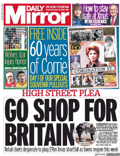 Daily Mirror Newspaper Front Page for 30 November 2020