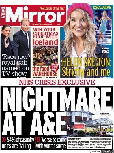 Daily Mirror (UK) Newspaper Front Page for 30 November 2023