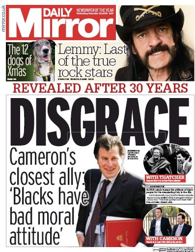Daily Mirror Newspaper Front Page for 30 December 2015
