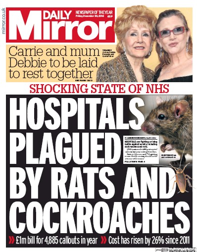 Daily Mirror Newspaper Front Page for 30 December 2016