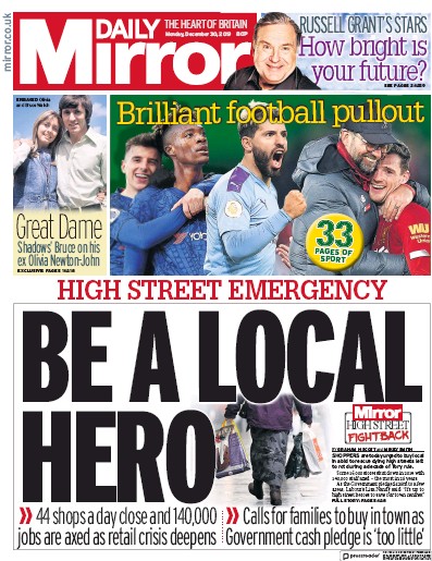 Daily Mirror Newspaper Front Page for 30 December 2019