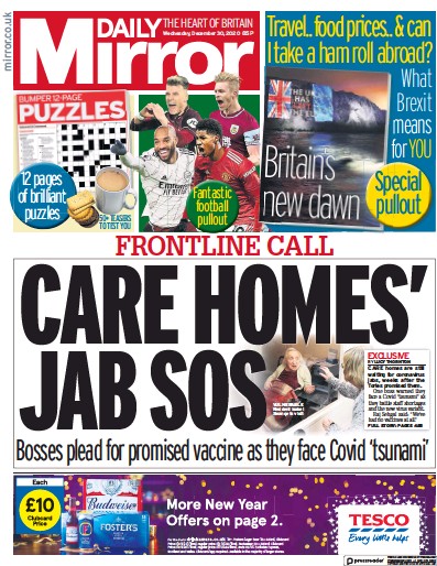 Daily Mirror Newspaper Front Page for 30 December 2020