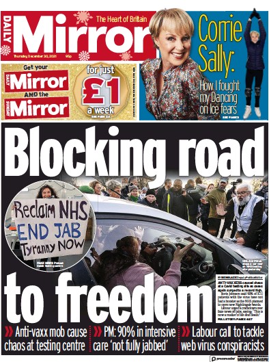 Daily Mirror (UK) Newspaper Front Page for 30 December 2021