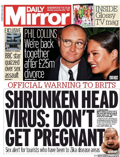 Daily Mirror Newspaper Front Page for 30 January 2016