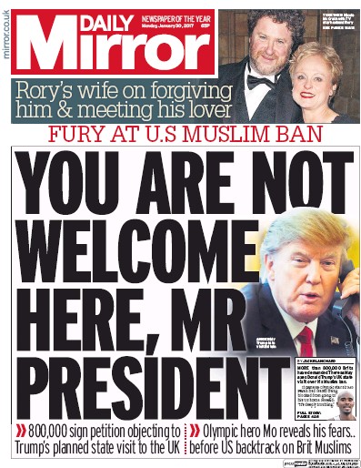 Daily Mirror (UK) Newspaper Front Page for 30 January 2017