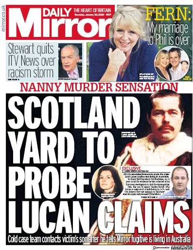 Daily Mirror Newspaper Front Page for 30 January 2020