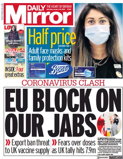 Daily Mirror Newspaper Front Page for 30 January 2021