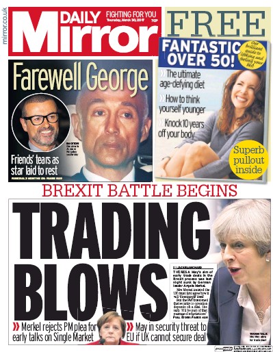 Daily Mirror Newspaper Front Page for 30 March 2017