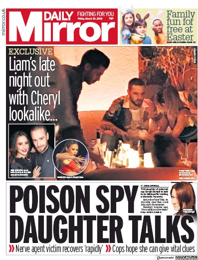 Daily Mirror Newspaper Front Page for 30 March 2018