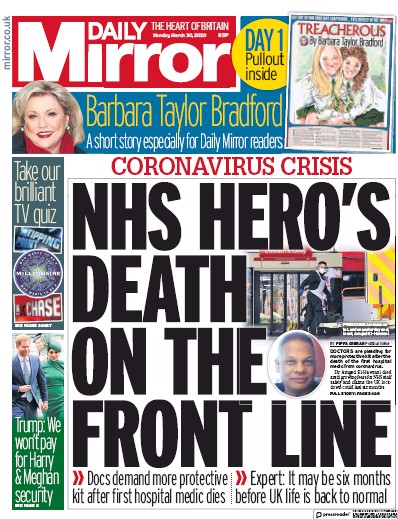 Daily Mirror Newspaper Front Page for 30 March 2020