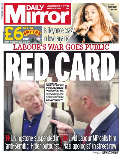 Daily Mirror Newspaper Front Page for 30 April 2016