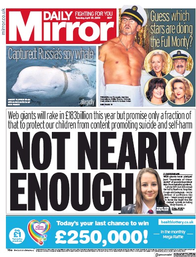 Daily Mirror Newspaper Front Page for 30 April 2019