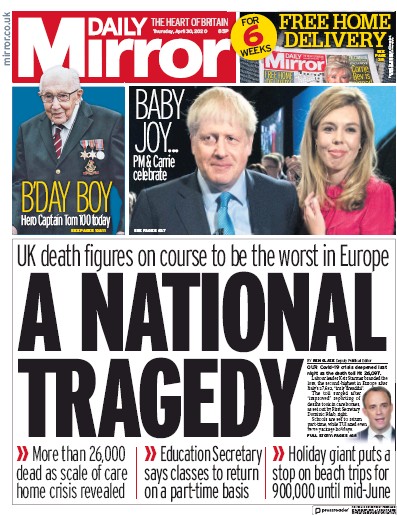 Daily Mirror Newspaper Front Page for 30 April 2020