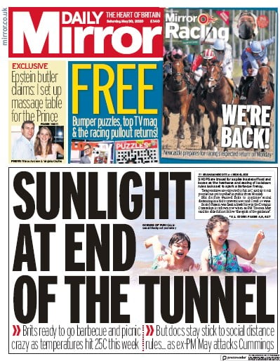 Daily Mirror Newspaper Front Page for 30 May 2020