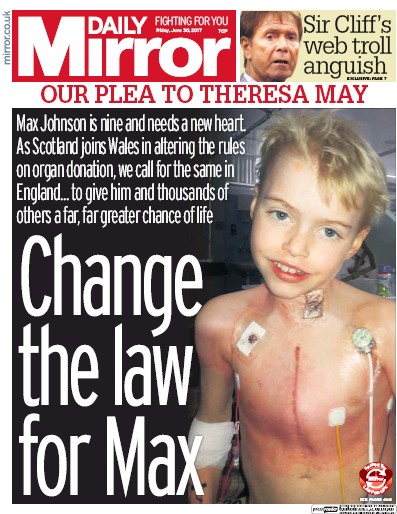 Daily Mirror Newspaper Front Page for 30 June 2017