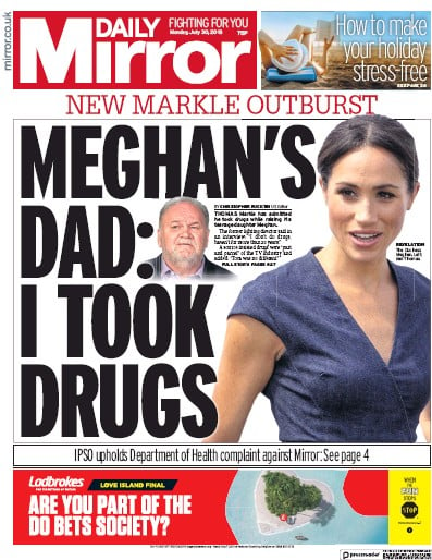 Daily Mirror (UK) Newspaper Front Page for 30 July 2018