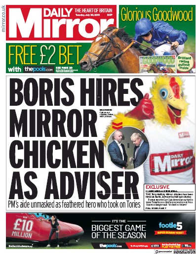 Daily Mirror Newspaper Front Page for 30 July 2019