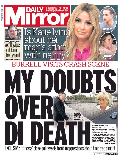 Daily Mirror Newspaper Front Page for 30 August 2017