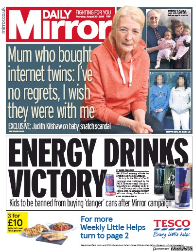 Daily Mirror (UK) Newspaper Front Page for 30 August 2018