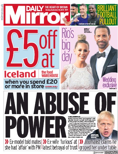 Daily Mirror Newspaper Front Page for 30 September 2019