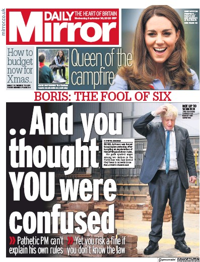 Daily Mirror Newspaper Front Page for 30 September 2020
