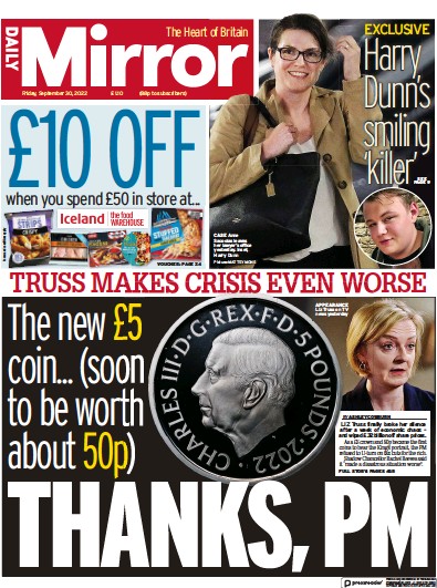 Daily Mirror (UK) Newspaper Front Page for 30 September 2022