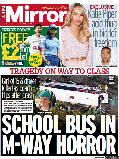 Daily Mirror Newspaper Front Page for 30 September 2023