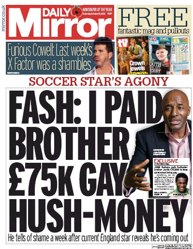 Daily Mirror Newspaper Front Page for 31 October 2015