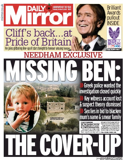 Daily Mirror Newspaper Front Page for 31 October 2016