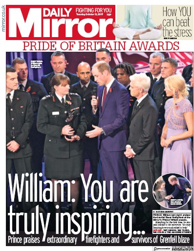 Daily Mirror Newspaper Front Page for 31 October 2017
