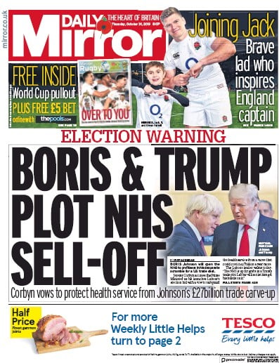 Daily Mirror Newspaper Front Page for 31 October 2019