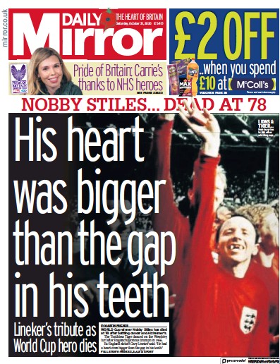 Daily Mirror Newspaper Front Page for 31 October 2020
