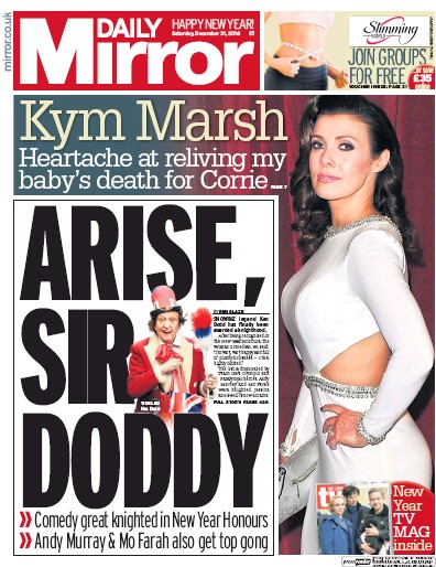 Daily Mirror Newspaper Front Page for 31 December 2016