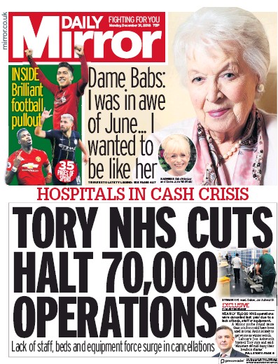 Daily Mirror Newspaper Front Page for 31 December 2018