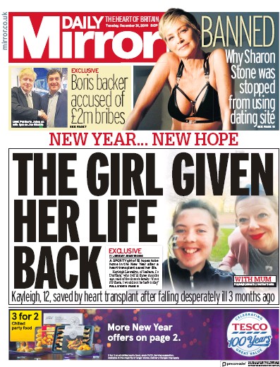 Daily Mirror Newspaper Front Page for 31 December 2019