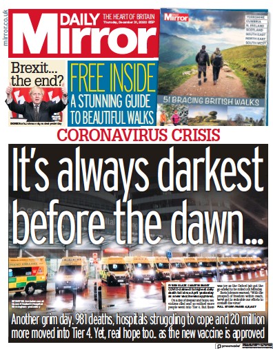 Daily Mirror (UK) Newspaper Front Page for 31 December 2020