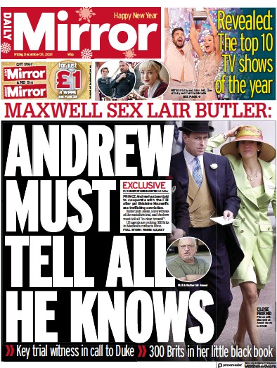 Daily Mirror (UK) Newspaper Front Page for 31 December 2021