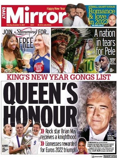 Daily Mirror Newspaper Front Page for 31 December 2022