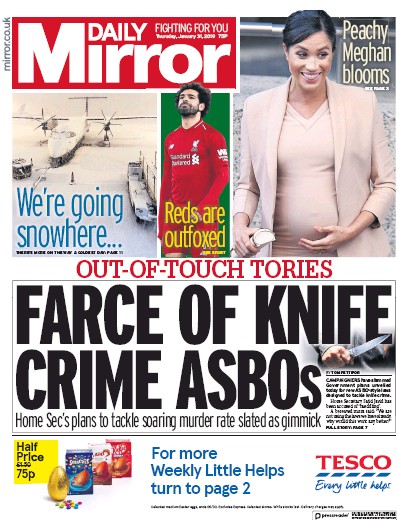 Daily Mirror Newspaper Front Page for 31 January 2019