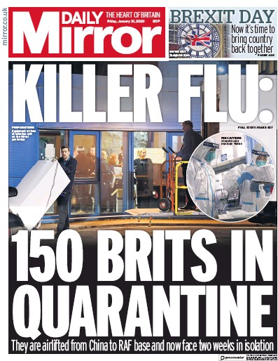 Daily Mirror (UK) Newspaper Front Page for 31 January 2020
