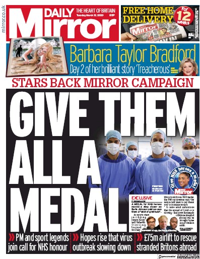 Daily Mirror Newspaper Front Page for 31 March 2020