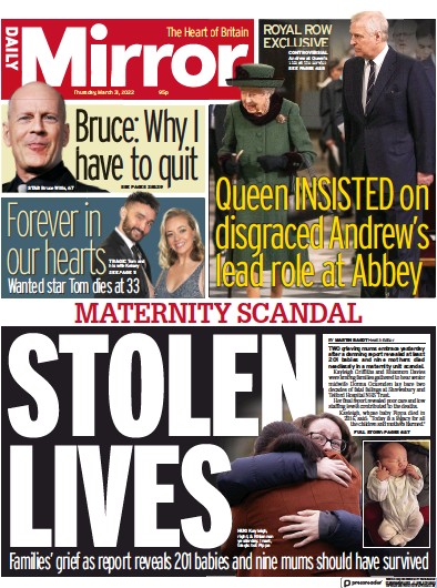 Daily Mirror Newspaper Front Page for 31 March 2022