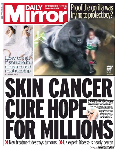 Daily Mirror Newspaper Front Page for 31 May 2016