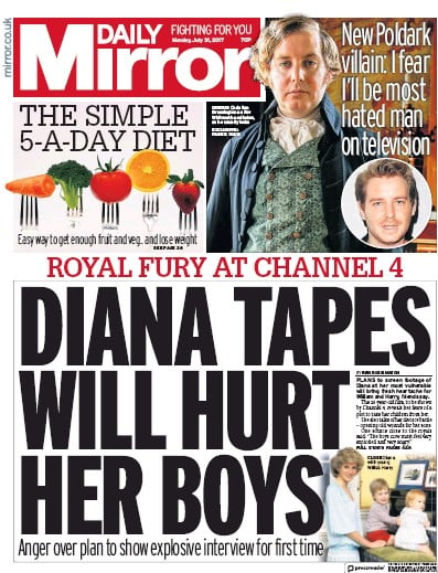 Daily Mirror Newspaper Front Page for 31 July 2017