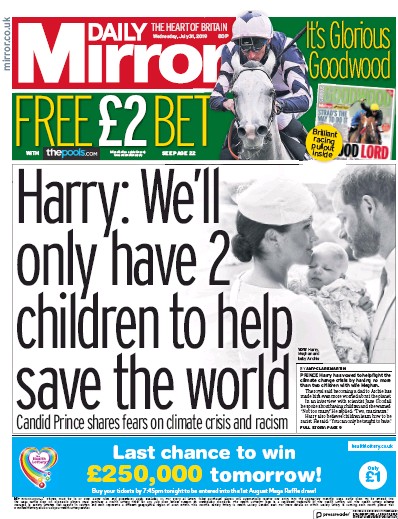 Daily Mirror Newspaper Front Page for 31 July 2019
